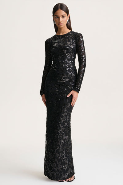 Stellar | Black Embellished Lace High-Neck Maxi Dress With Long Sleeves