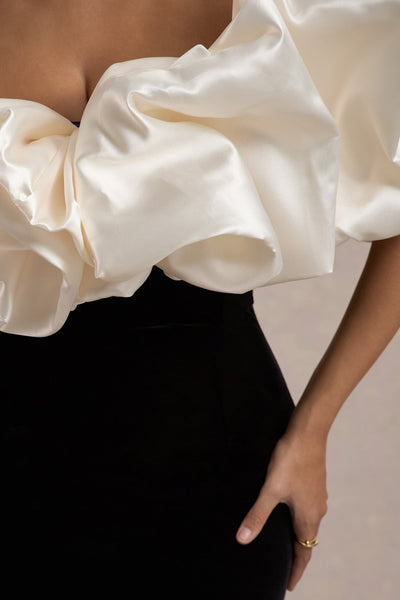 Cecily | Black Velvet Bardot Maxi Dress With Satin Ruffle Trim