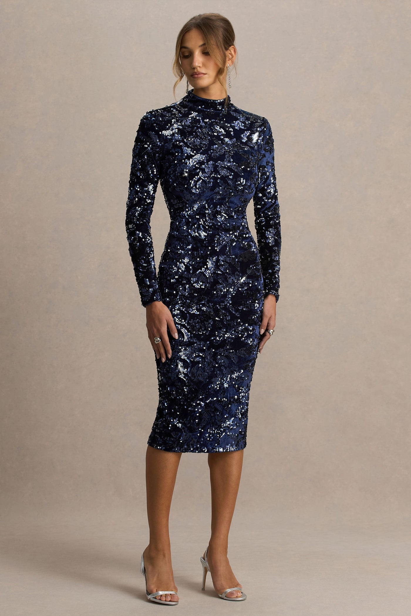 Alanita | Navy Velvet And Sequin Embellished High-Neck Midi Dress With Long Sleeves