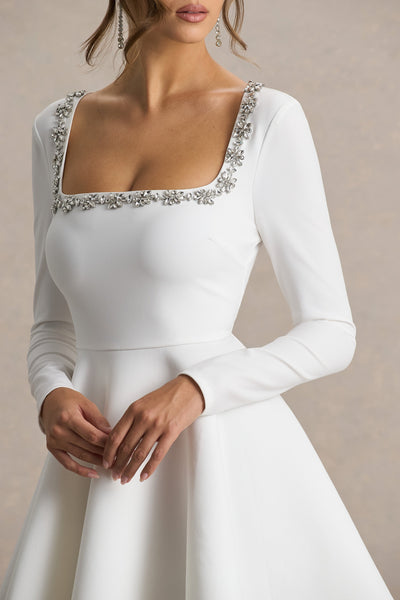 Astonish | White Long-Sleeve Embellished Square-Neck Mini Dress With Volume Skirt