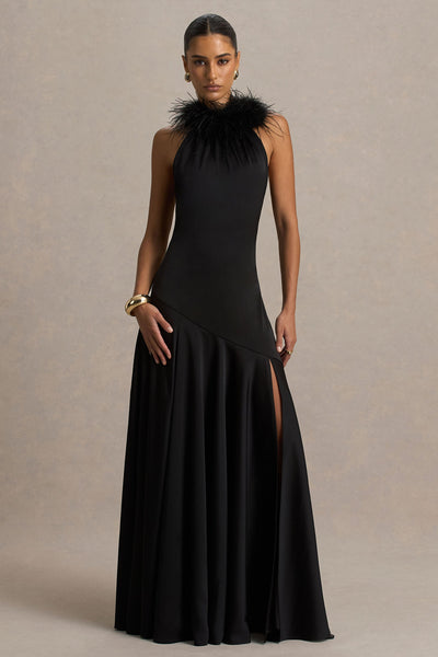 Jemima | Black Satin Halter-Neck Maxi Dress With Feather Trim