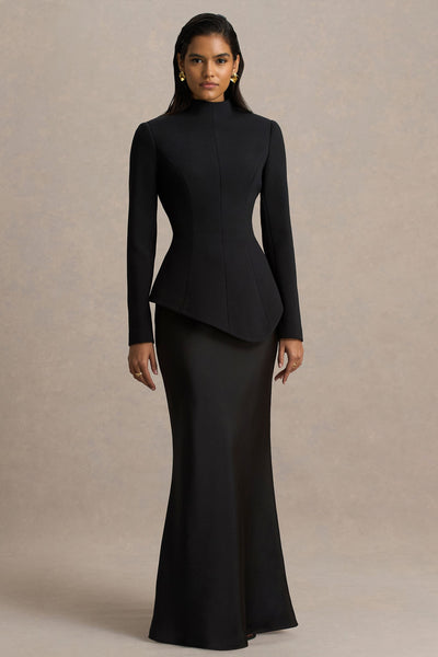 Pepita | Black High-Neck Tailored Maxi Dress With Drop-Waist And Satin Skirt