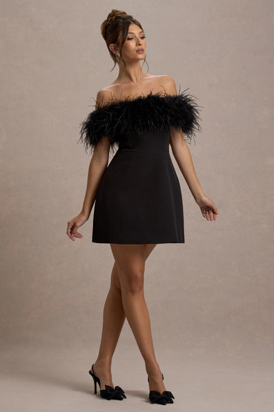 Palace | Black Bardot Mini Dress With Feather Trim