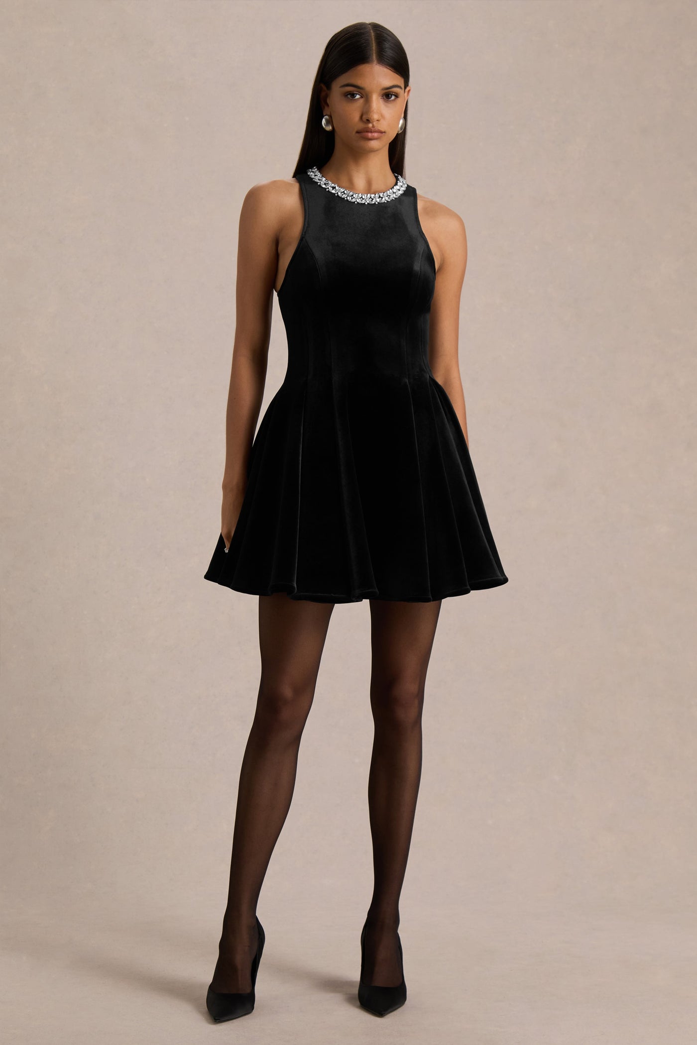 Meva | Black Velvet Hand-Embellished High-Neck Mini Dress