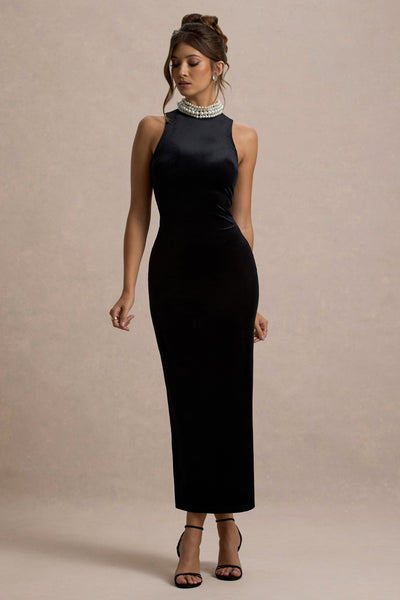 Audrine | Black Velvet Embellished High-Neck Maxi Dress