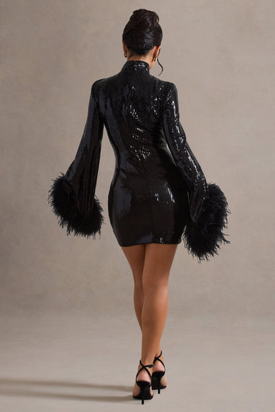 Cupid | Black Sequin High-Neck Mini Dress With Feather Cuffs