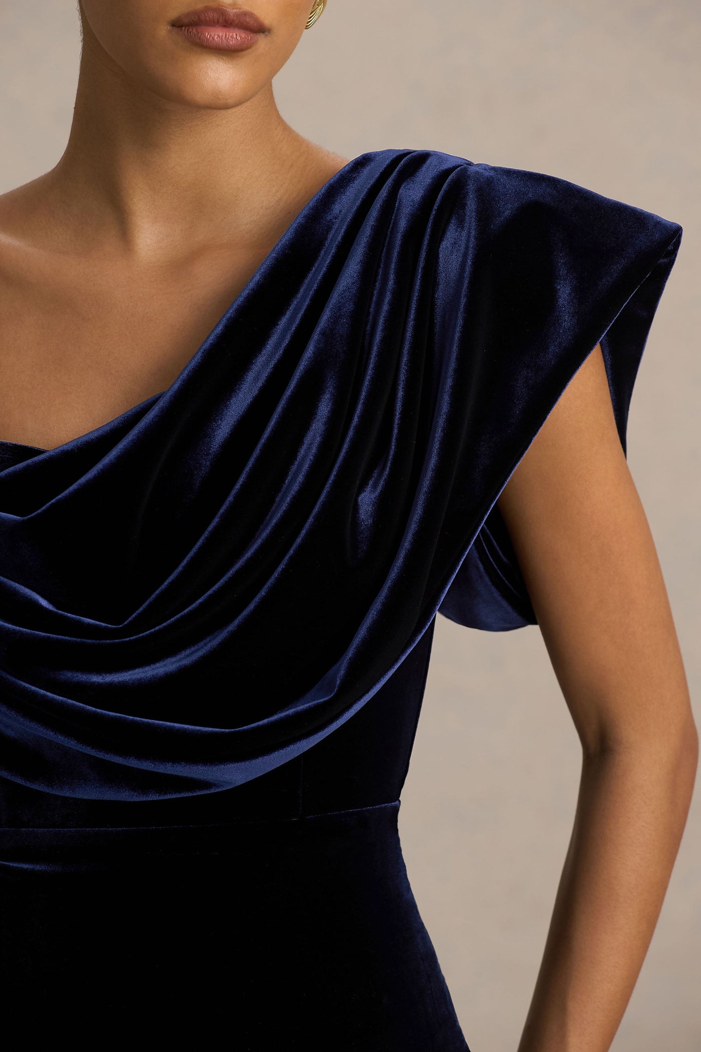 High End | Navy Velvet Asymmetric-Neck Midi Dress With Draped Detailing