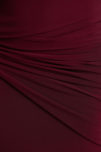 Decadence | Burgundy High-Neck Wrapped Maxi Dress With Twist-Sleeve
