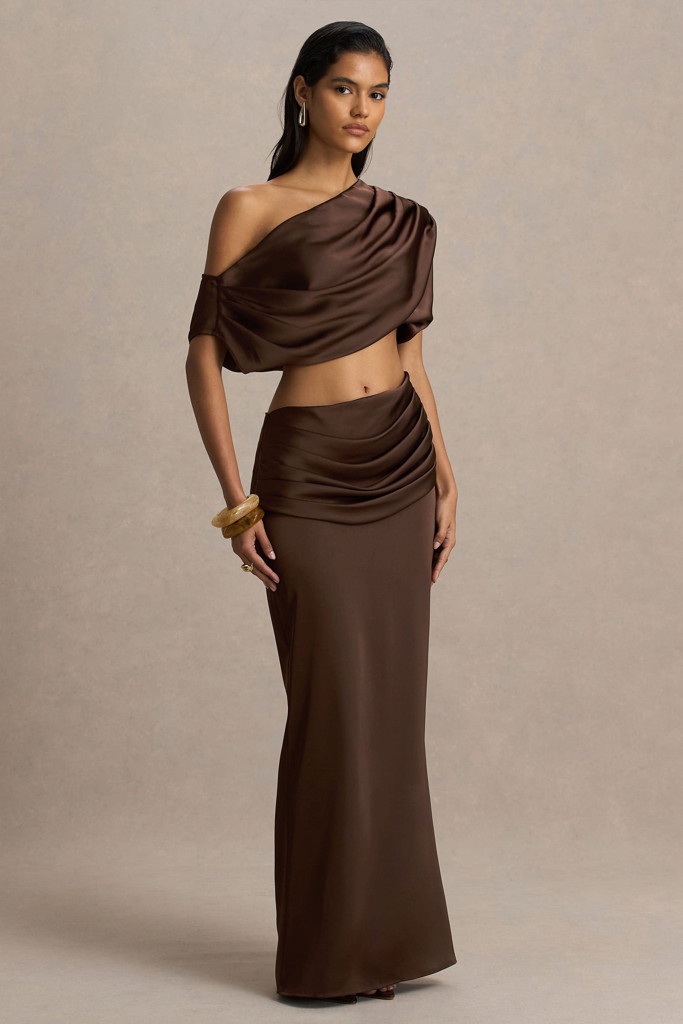 Megan | Brown Satin Wrap Maxi-Skirt With Gathered Detailing
