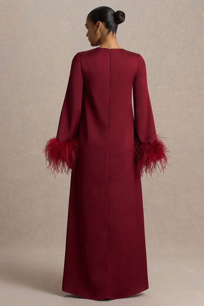Adella | Burgundy Satin Feather-Trim Maxi Dress