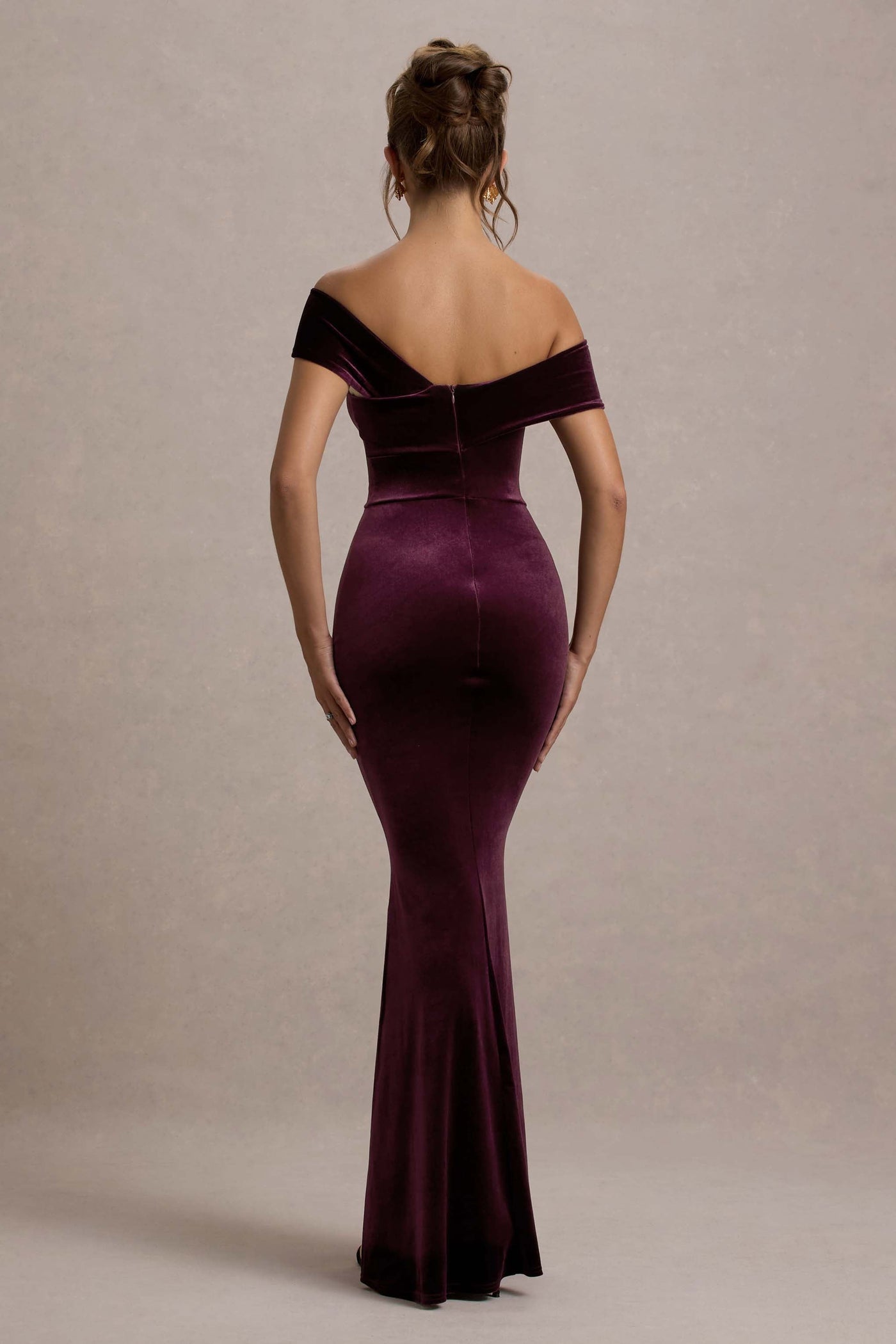 Candela | Port Velvet Asymmetric Bardot Maxi Dress