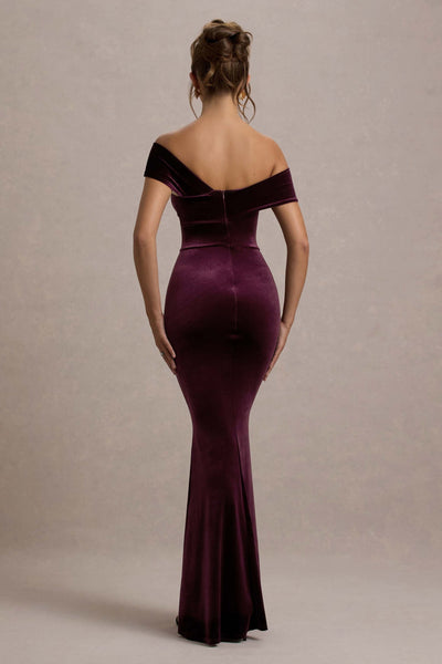 Candela | Port Velvet Asymmetric Bardot Maxi Dress