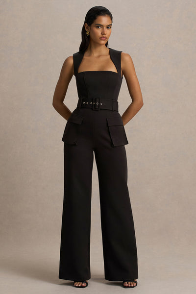 Solice | Black Square-Neck Tailored Jumpsuit