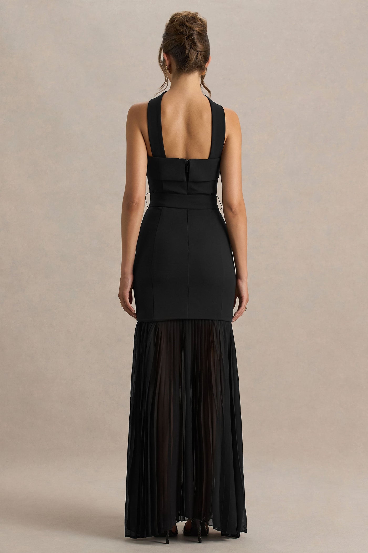 Jaquetta | Black Belted Maxi Dress With Pleated Chiffon Skirt