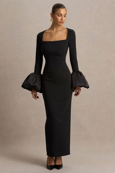 Retreat | Black Square-Neck Maxi Dress With Satin Puff-Sleeves