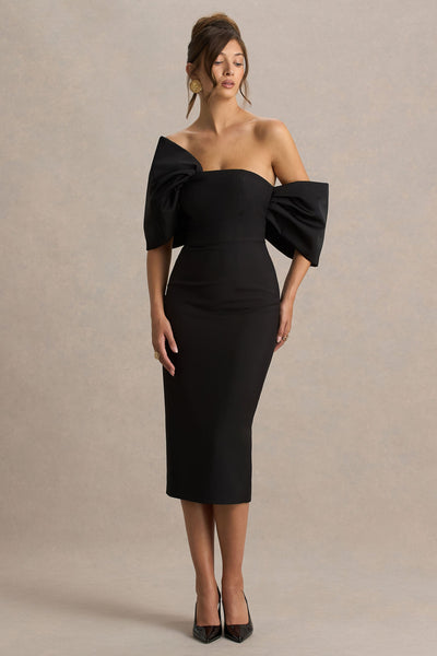 Lucille | Black Asymmetric Bardot Midi Dress With Bow Detail