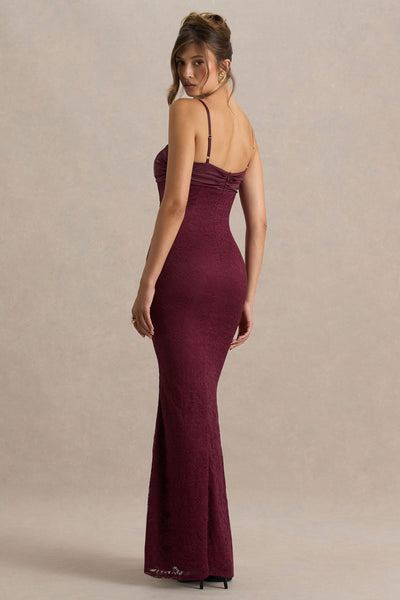 Juana | Burgundy Lace And Satin Sweetheart-Neck Satin Maxi Dress