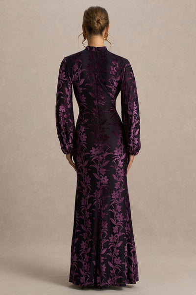 Janet | Black And Burgundy Devore High-Neck Maxi Dress With Cut-Out Details