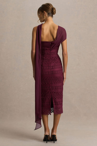 Secret | Burgundy Bandeau Lace Midi Dress With Scarf Detail