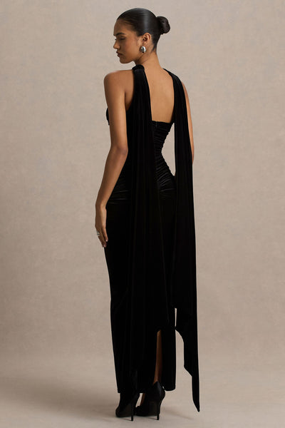 Paloma | Black Velvet Bandeau Maxi Dress With Scarf