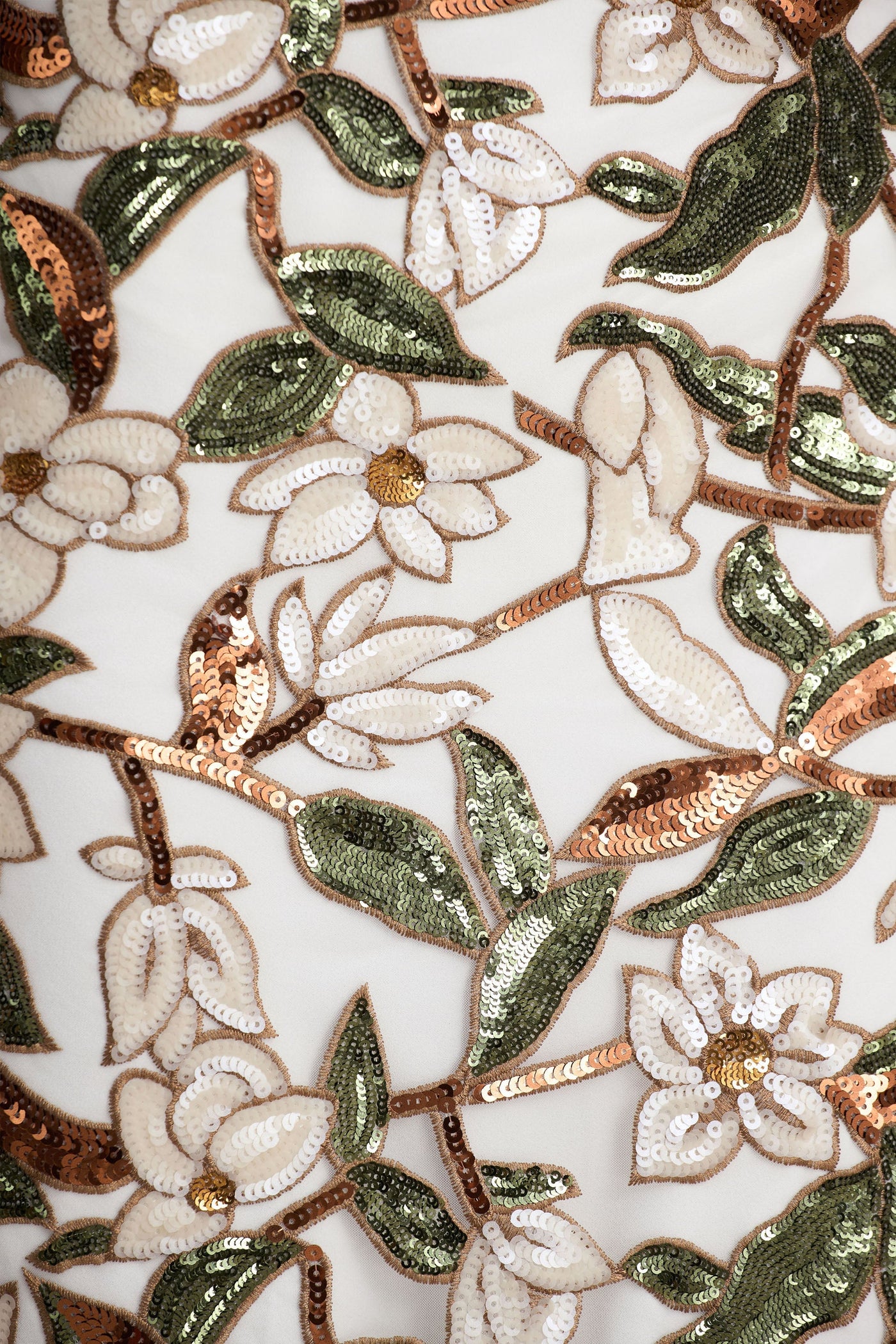 Iony | White And Green Embellished Sequin Floral And Mesh Asymmetric-Neck Maxi Dress