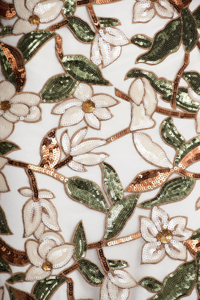 Iony | White And Green Embellished Sequin Floral And Mesh Asymmetric-Neck Maxi Dress