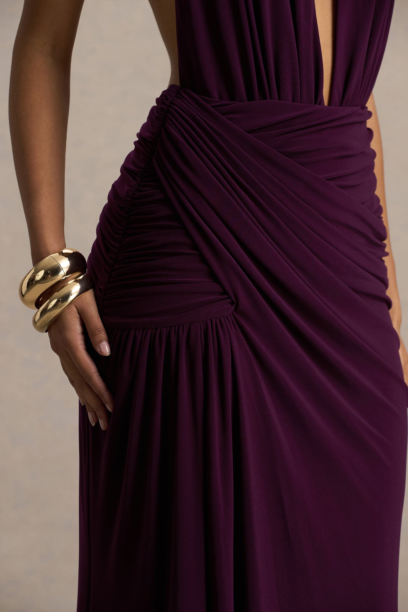 Tilly | Burgundy Extreme-Plunge Neck Maxi Dress With Wrap And Ruched Details