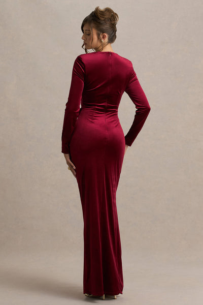 Fay | Berry Velvet Corset Style Knot Maxi Dress