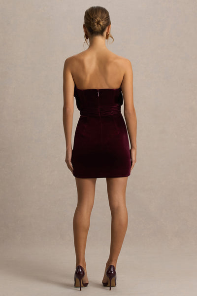 Polly | Burgundy Velvet Ruffled Strapless Mini Dress