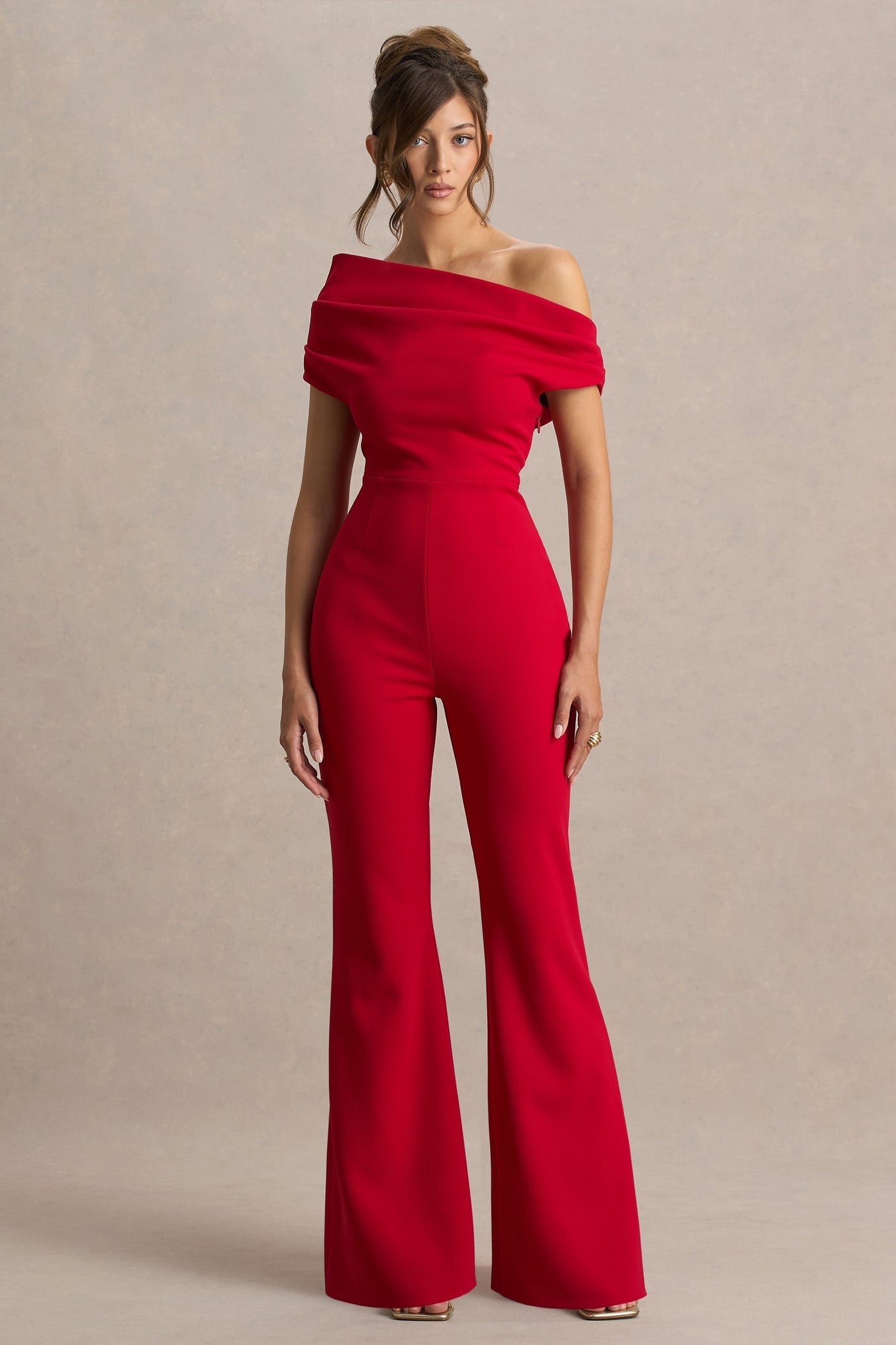 Alexandra | Red Asymmetric-Neck Draped Jumpsuit