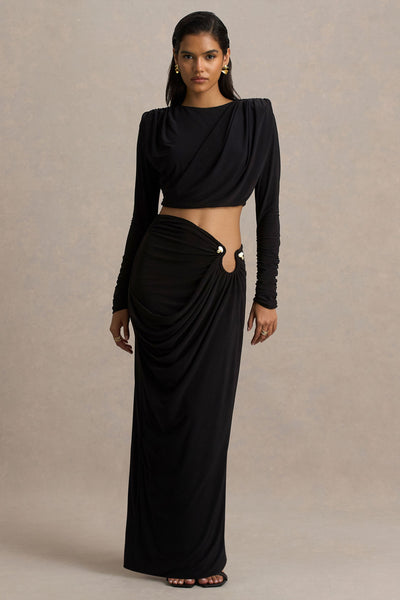 Avaline | Black Wrap Maxi Skirt With Ruched Detailing