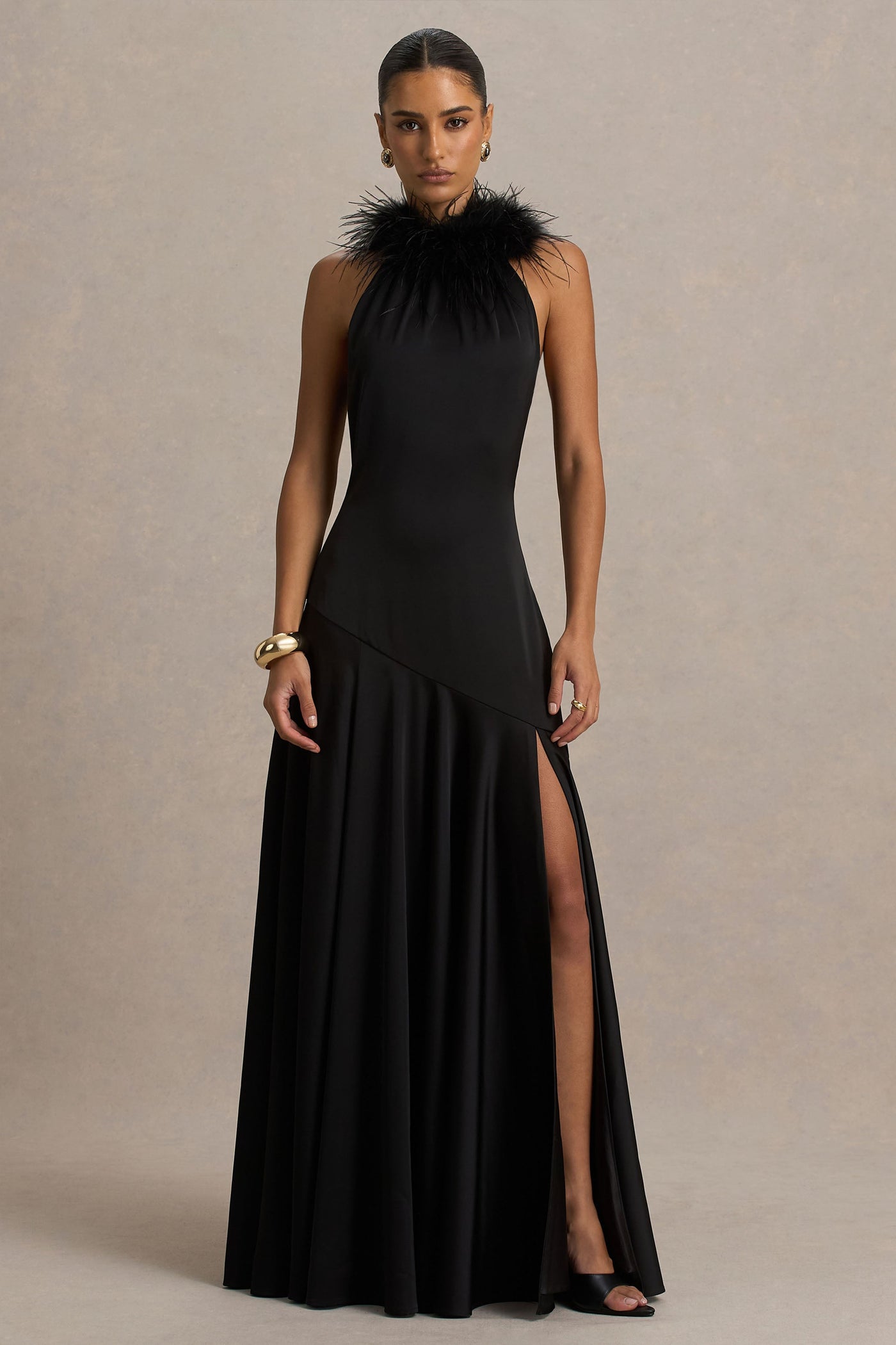 Jemima | Black Satin Halter-Neck Maxi Dress With Feather Trim