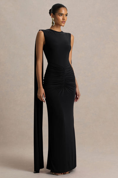 Premiere | Black Boat-Neck Maxi Dress With Open-Back And Cape-Sleeves