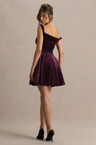Leticia | Burgundy Velvet Asymmetric-Neck Velvet Mini Dress With Twist-Sleeve
