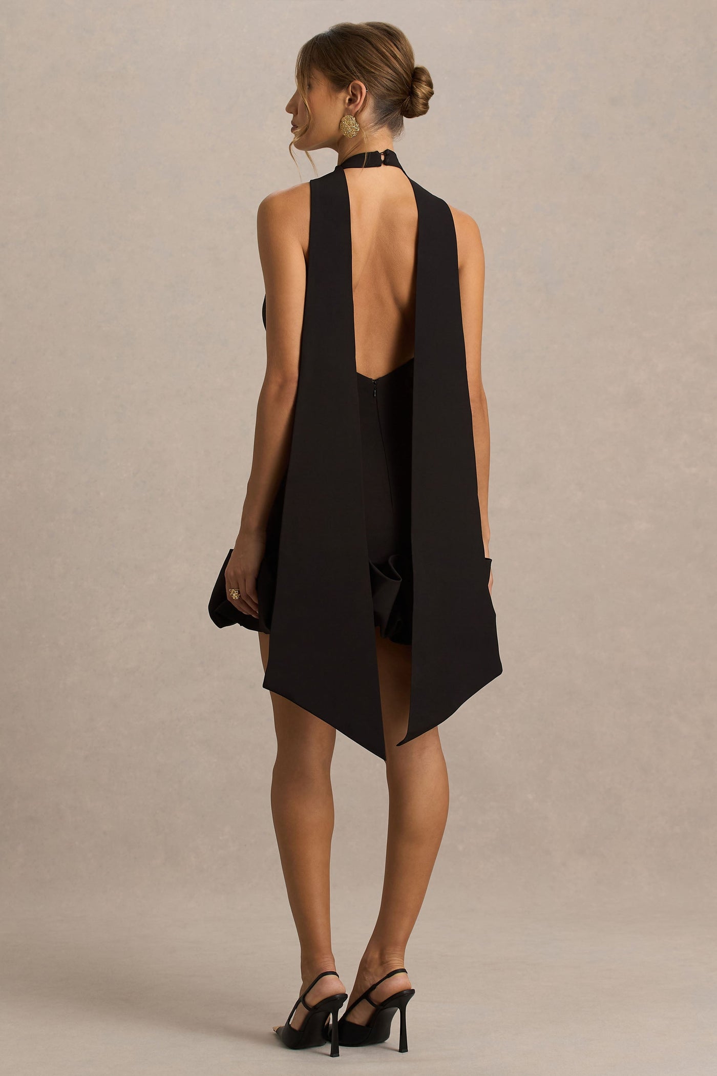 Geneve | Black Halter-Neck Mini Dress With Ruffled Trim