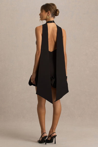 Geneve | Black Halter-Neck Mini Dress With Ruffled Trim
