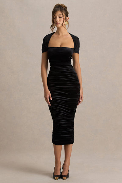 Chrissy | Black Velvet Square-Neck Midi Dress With Mesh-Sleeves And Ruched Detailing