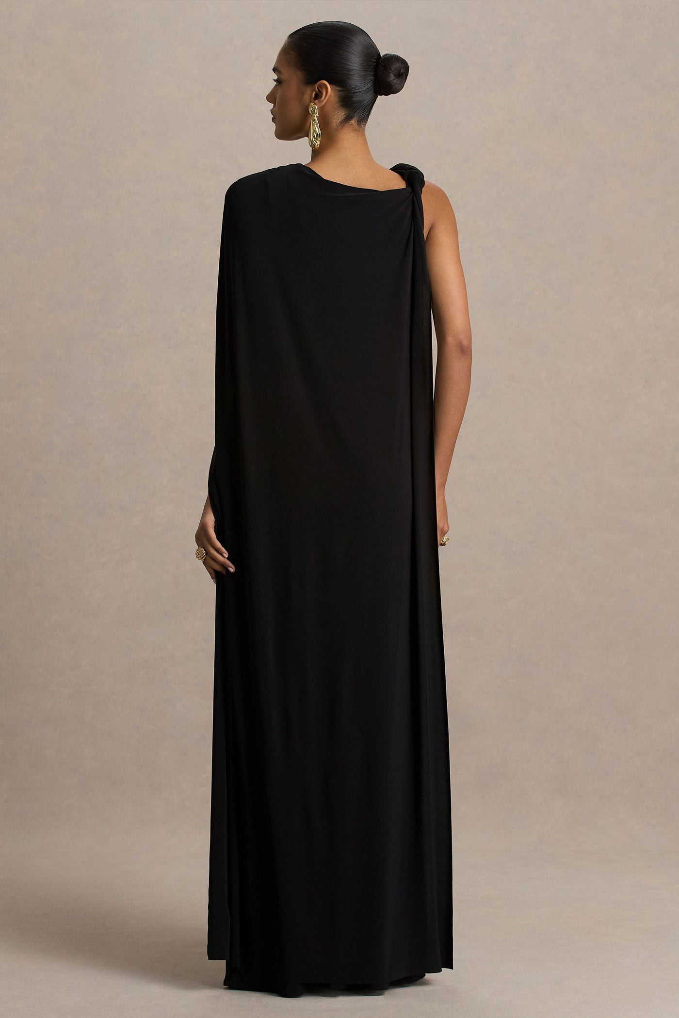 Cressida | Black Asymmetric-Neck Maxi Dress With Cape And Gold Detail