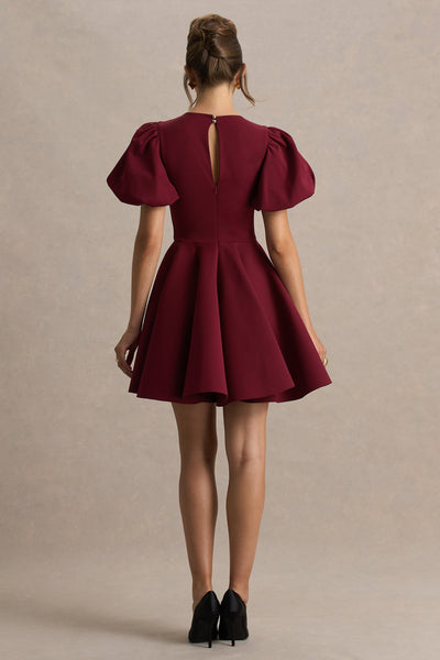 Emelia | Burgundy Puff-Sleeve Skater Mini Dress