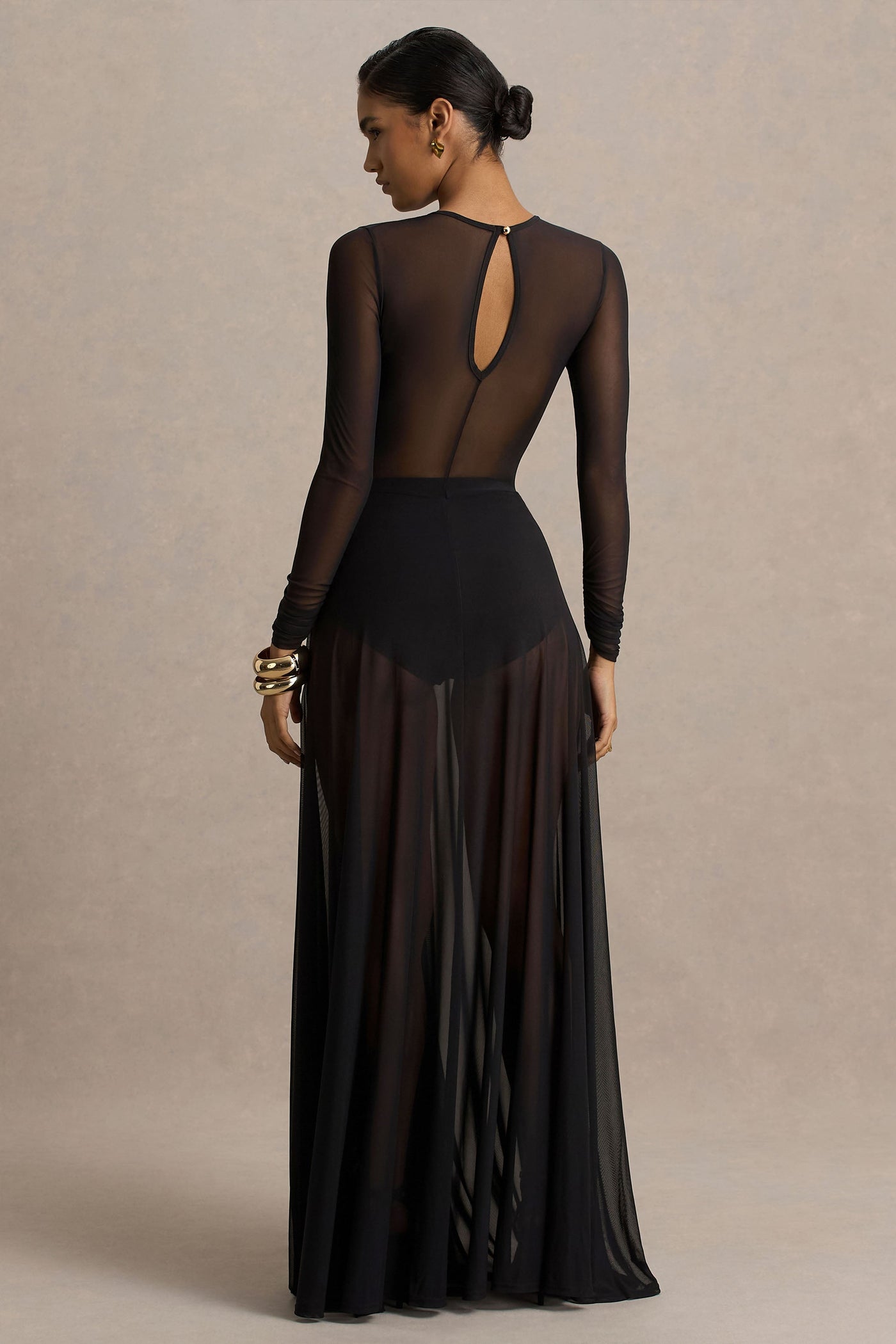 Koami | Black Mesh Long-Sleeve Ruched Maxi Dress With High Split
