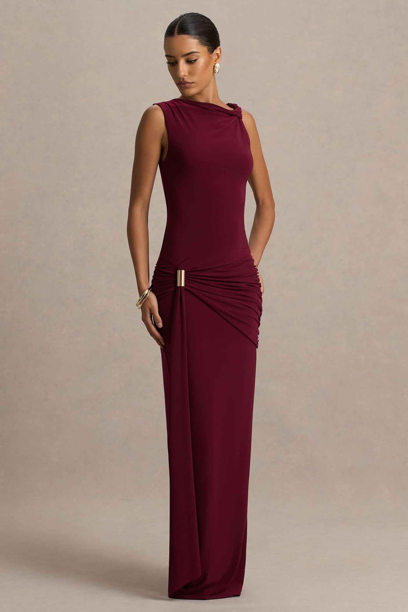Decadence | Burgundy High-Neck Wrapped Maxi Dress With Twist-Sleeve