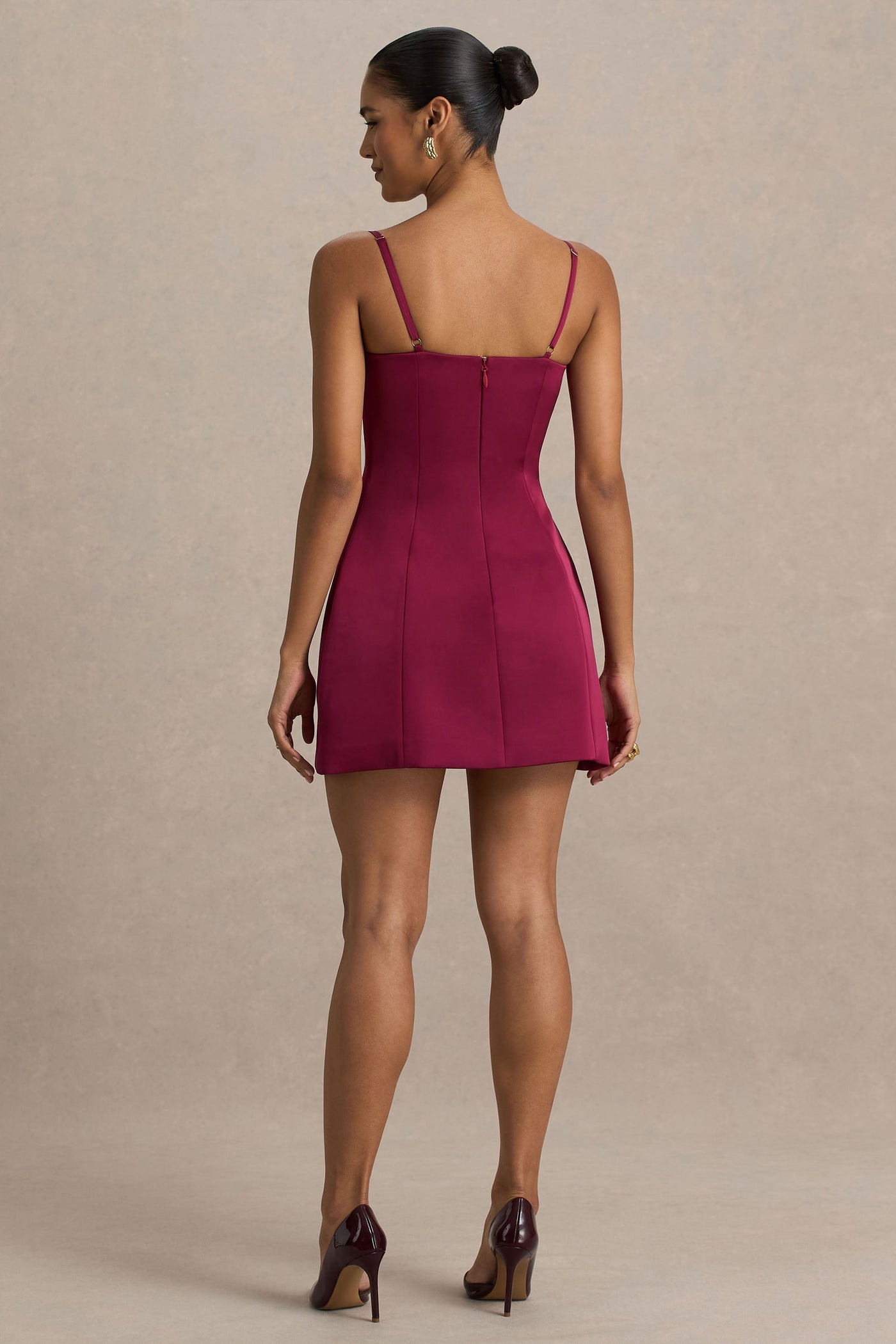 Elara | Burgundy Satin Plunge-Neck Mini Dress