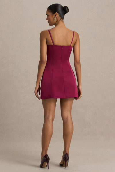 Elara | Burgundy Satin Plunge-Neck Mini Dress