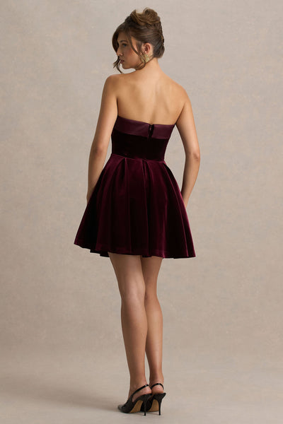 Mina | Burgundy Velvet And Satin Bandeau Skater Mini Dress