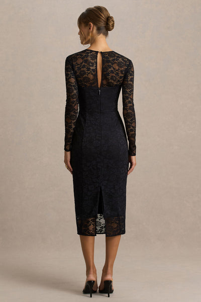 Alissa | Black Lace Square-Neck Midi Dress