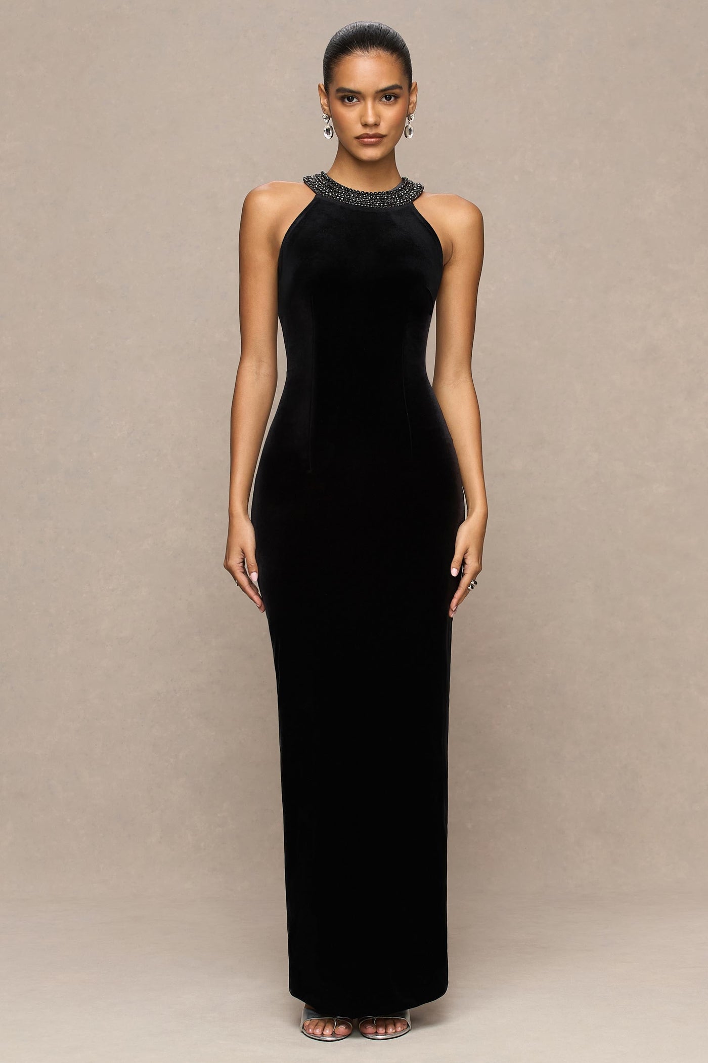 Darya | Black Velvet Embellished High-Neck Maxi Dress