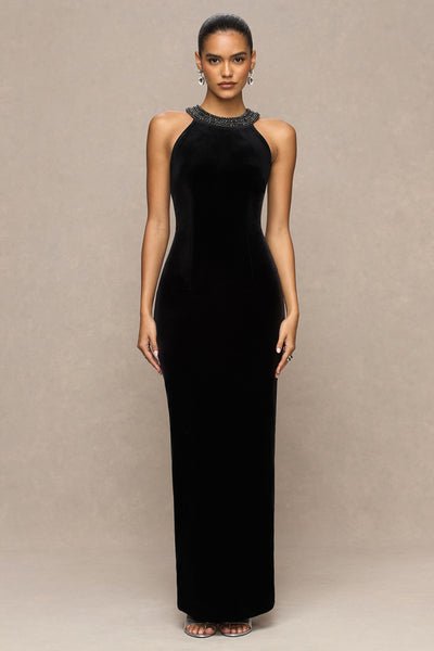 Darya | Black Velvet Embellished High-Neck Maxi Dress