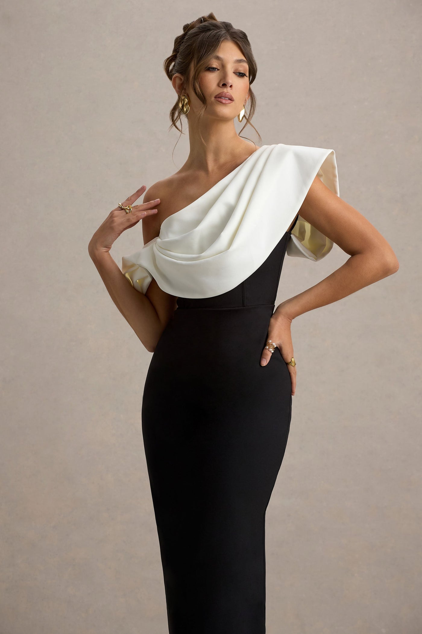 Angelina | Black & White Draped Shoulder Maxi Dress