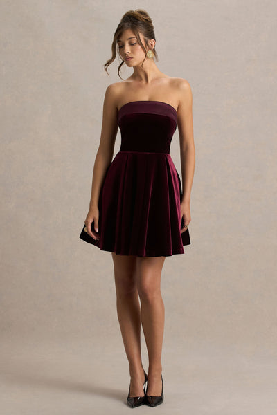 Mina | Burgundy Velvet And Satin Bandeau Skater Mini Dress