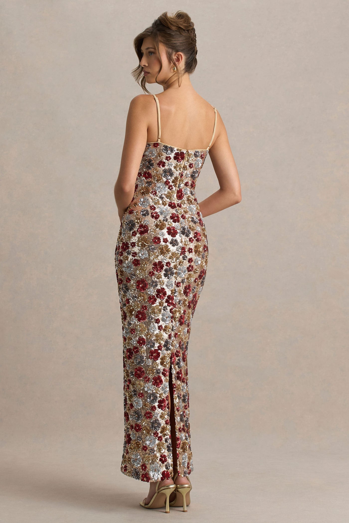 Vitora | Red Floral Embellished Sequin Square-Neck Maxi Dress
